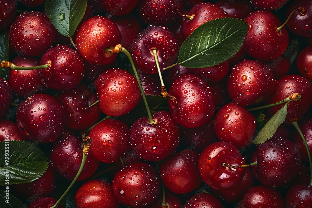 Close-up image of vibrant red cherries with droplets, interspersed with green leaves, filling the frame densely. Close-up image of vibrant red cherries with droplets, interspersed with green leaves, filling the frame densely.