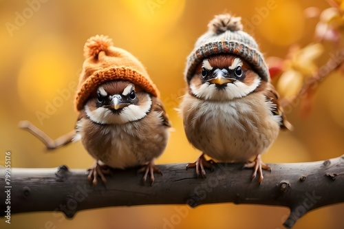 A blurred autumn background features two adorable little sparrows wearing knitted caps perched on a tree limb. Hi there, fall. Autumnal traits. A humorous picture of a woodland