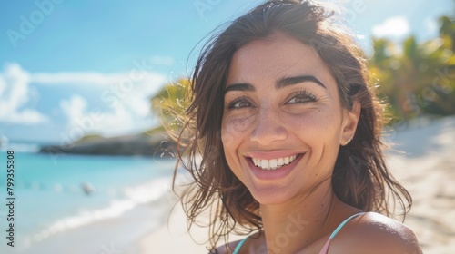 Pretty happy smiling woman on the tropical beach. AI Generated © EarthWalker