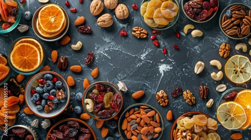 Flat lay of assorted dried fruits and nuts. Healthy vegan food concept