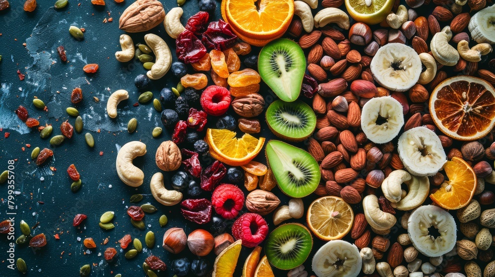 Flat lay of assorted dried fruits and nuts. Healthy vegan food concept
