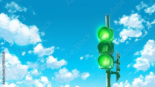 Green traffic light against a clear blue sky, signaling go. Sunny day, clouds, urban concepts. AI photo