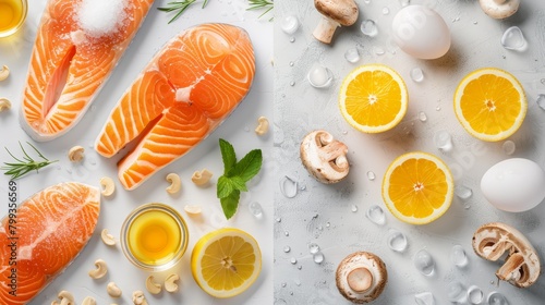 Close-up, top view collage of various Vitamin D sources, including sunlit areas, fresh salmon, eggs, and mushrooms, artistically arranged for a nutritional display