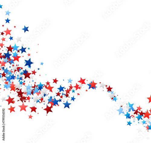 A dynamic swirl of red, blue, and white stars cascades down, symbolizing American pride and celebration. Ideal for patriotic events.