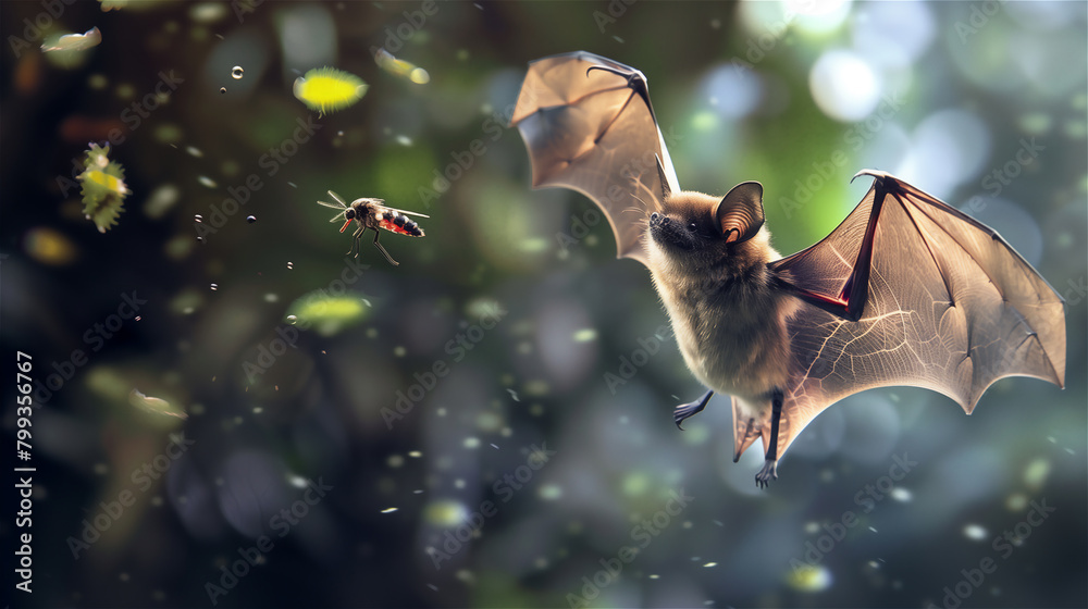 Close-up on flying bat hunting for mosquitoes.