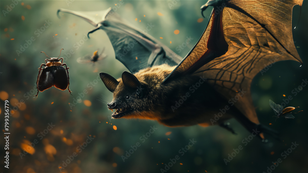 Close-up on flying bat hunting for mosquitoes.