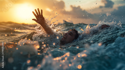 A drowning man tries to save himself.