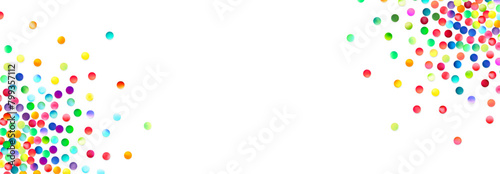 A wide panoramic spread of colorful bubbles dispersed across a white background, creating a festive and expansive atmosphere.
