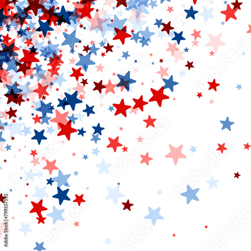 A scattered arrangement of red and blue stars across a transparent backdrop  evoking a sense of celebration and American pride.