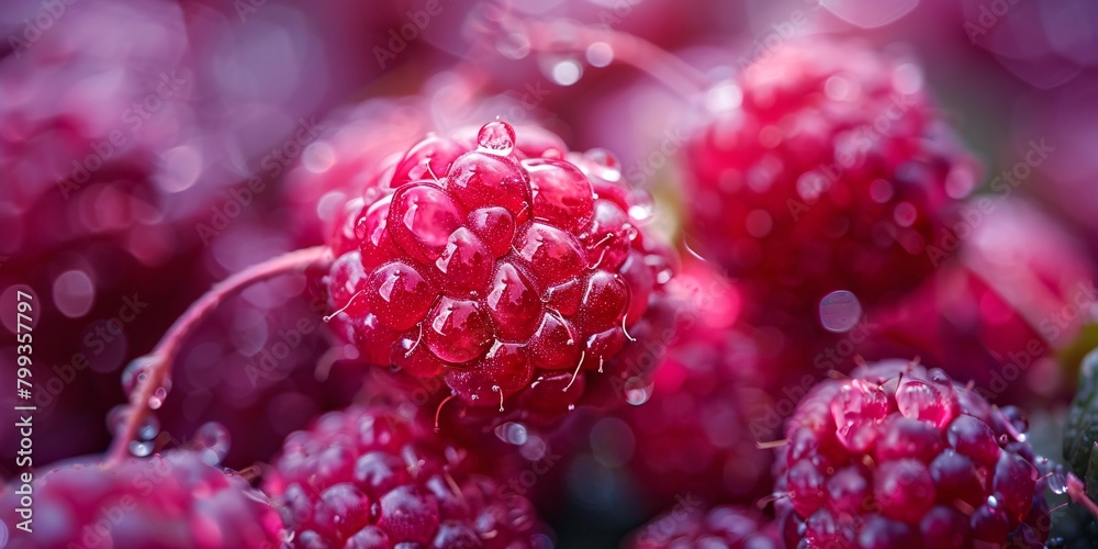Close-up of dew-covered raspberries with a focus on one prominently displayed, showcasing their vibrant red color and textured surface.