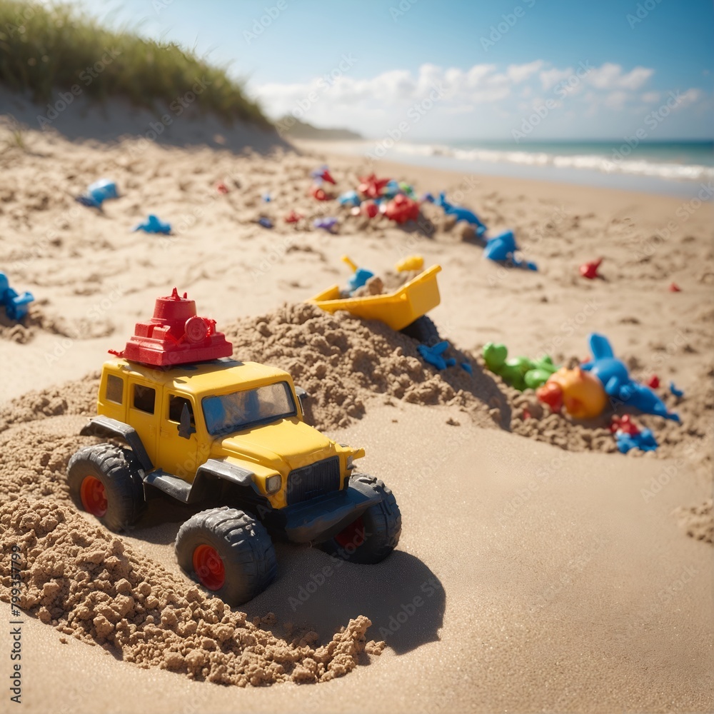 Heap sand with plastic toys at the beach, Summer seaside vacation concept Heap sand with plastic toys at the beach, Summer seaside vacation concept