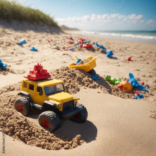 Heap sand with plastic toys at the beach, Summer seaside vacation concept photo