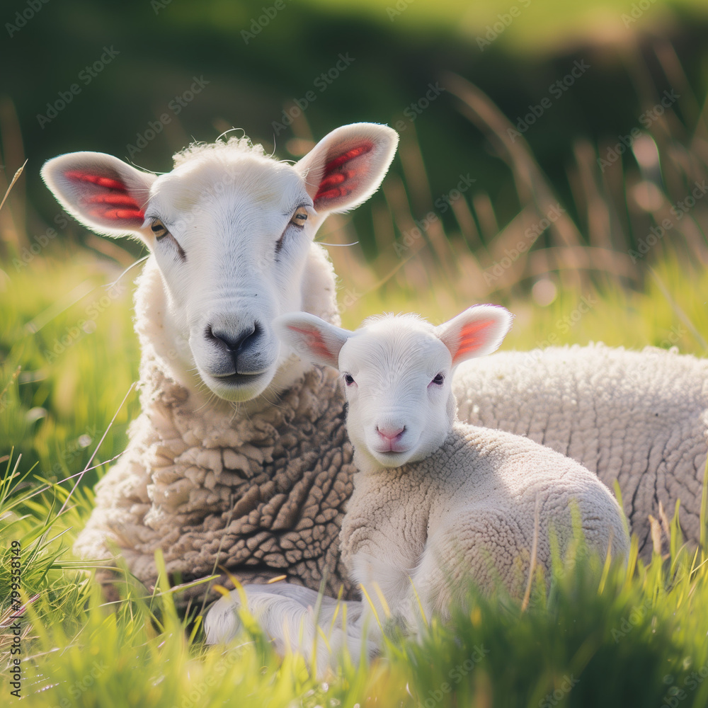 A newborn lamb nestled beside its mother in a field of green grass A newborn lamb nestled beside its mother in a field of green grass
