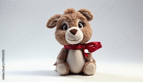 A stuffed animal with a red scarf around its neck