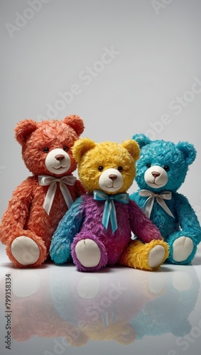 Three teddy bears of different colors with a bow on their necks