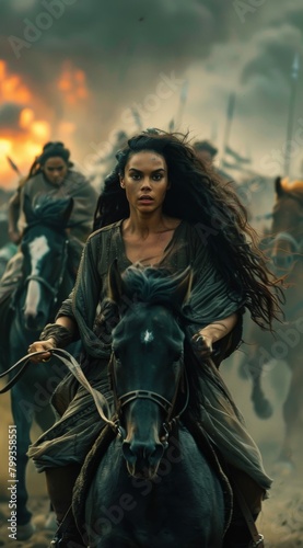 An intense depiction of a woman warrior riding a horse fervently through a raging battlefield with a fiery backdrop