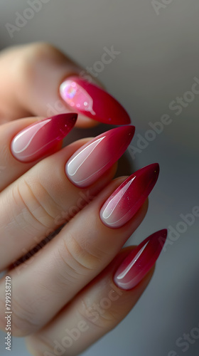Closeup of a womans hand with long red nails painted with pink nail polish