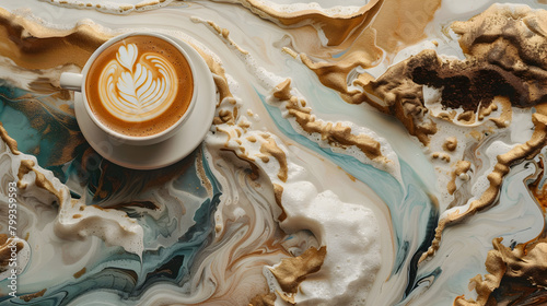 a cup of cappuccino on the table with a beautiful pattern of milk foam and ground coffee
