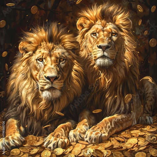 Guardian of Gold  The Lion s Reign Over Riches  background high quality AI generated image