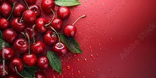 Fresh red cherries with droplets of water on them against a smooth red gradient background.