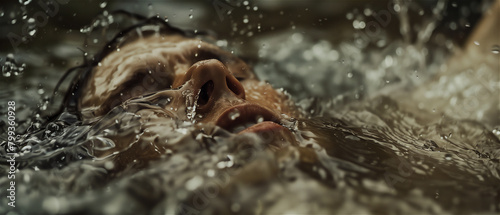 Portrait of a drowning man. A close-up of a face slowly sliding under the water s surface.