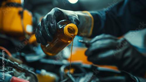 Experienced mechanic changing engine oil in a private car, in a professional garage setting, with tools and equipment neatly organized