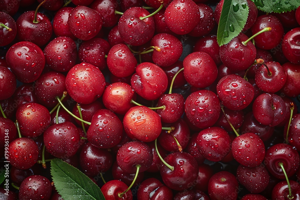 Fresh, ripe cherries with water droplets and green leaves, closely packed to form a vibrant, textured background. Fresh, ripe cherries with water droplets and green leaves, closely packed to form a vibrant, textured background.