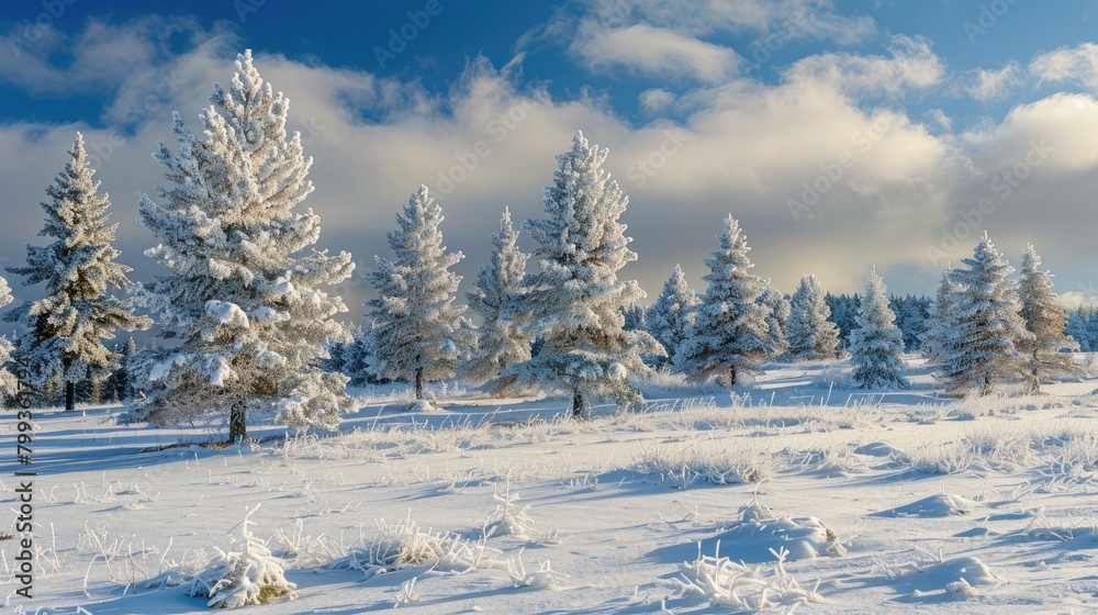 Frost covered fir trees in a snowy field Frost covered fir trees in a snowy field
