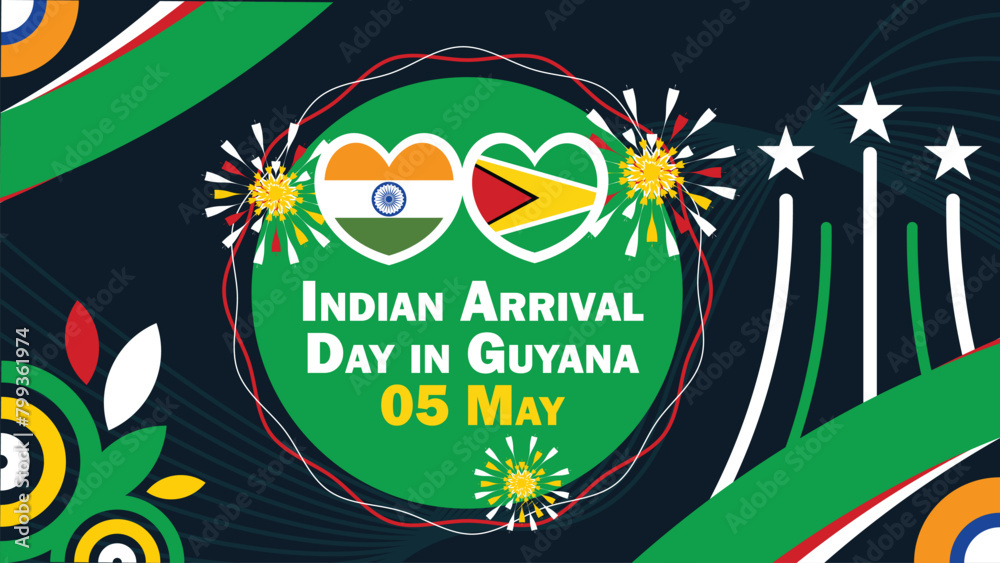 Indian Arrival Day in Guyana  vector banner design with geometric shapes and vibrant colors on a horizontal background. Happy Indian Arrival Day in Guyana modern minimal poster.