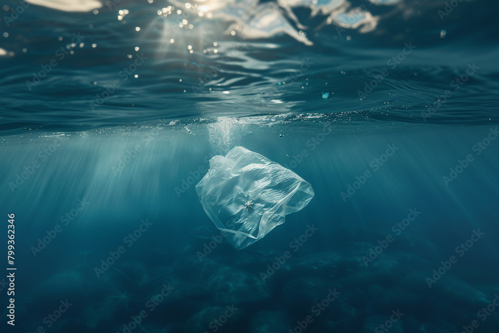 Plastic bag floating under the water in the ocean.