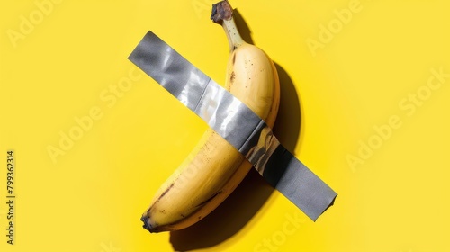 
Ripe Banana glued with gray duct tape to a yellow background, silver duct tape, comedian, medical circumcision, yellow background, modern art, photo