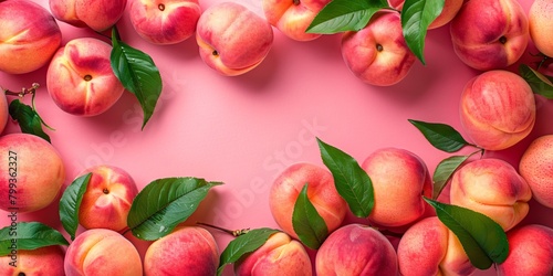 Fresh peaches with green leaves arrayed on a pink background, evoking vibrancy and freshness. photo