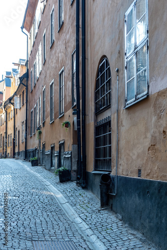Sweden Stockholm traditional building  potted plant at narrow alley  Gamla Stan Old Town. Vertical