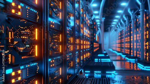 Datacenter technology, servers, storage, hardware infrastructure glowing under blue and orange lights. Showcasing complex, visually striking technology, aesthetic presentation of modern datacenter