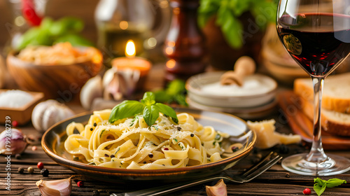 A Classic Setting of Comfort Food: Creamy Pasta with Side of Garlic Bread and Red Wine