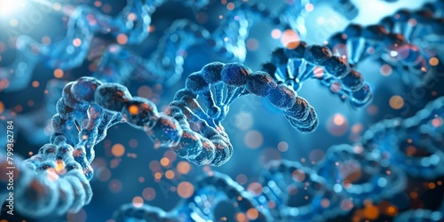 Close-up, DNA double helix with a deep blue hue, showcasing molecular structure and genetic concept.