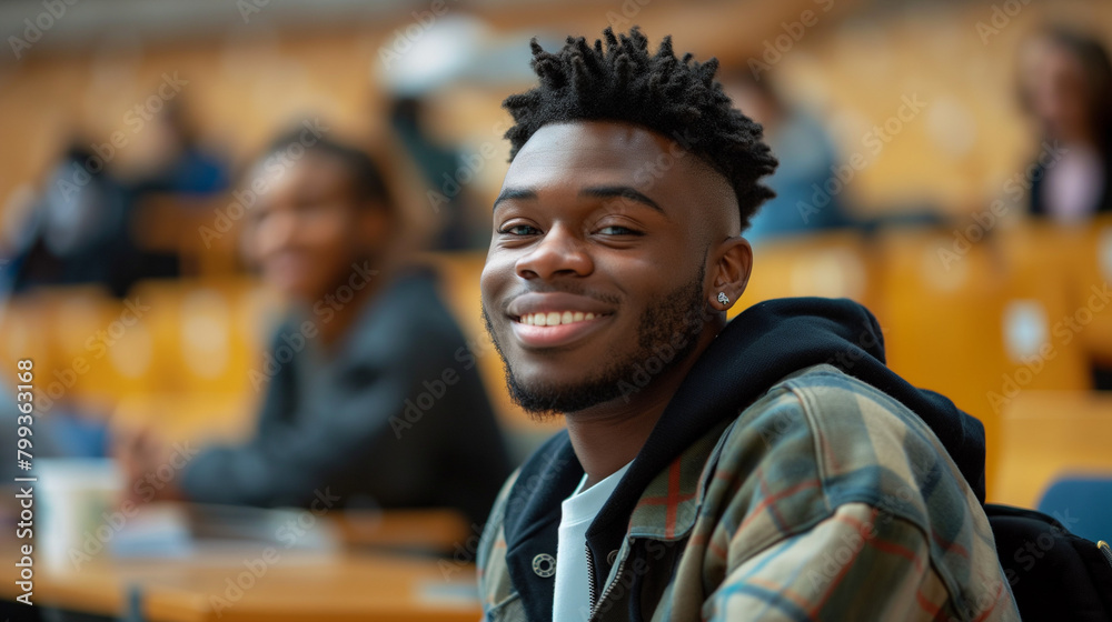 Happy black university student attending lecture in classroom and looking at camera. Happy black university student attending lecture in classroom and looking at camera.