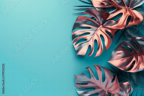 monstera plant blue and copper bicolored on turquise background with copy space photo