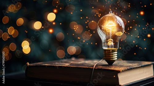Glowing light bulb above open book with bokeh lights background photo