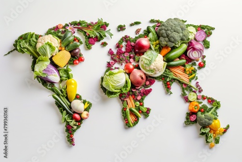 map of the world made of raw vegetables on white background 