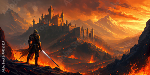 A fantasy scene with a lone warrior standing on a rocky outcropping, gazing at a castle perched on a mountain range under a dramatic sky.