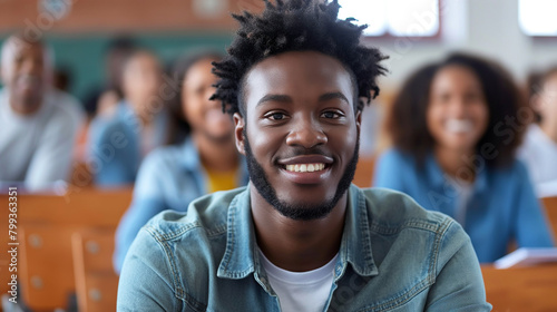 Happy black university student attending lecture in classroom and looking at camera.