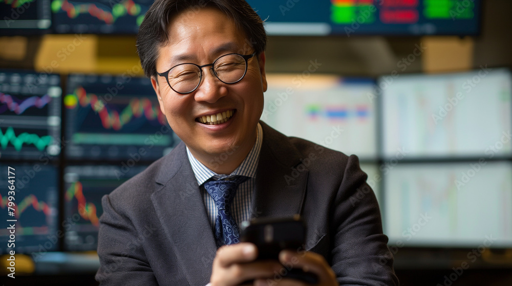 A Korean CEO smiles while trading stocks on his phone