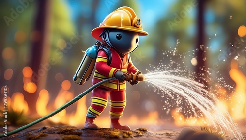 A firefighter beetle wearing a tiny helmet, spraying water from a hose, with a blurry, smoky  photo
