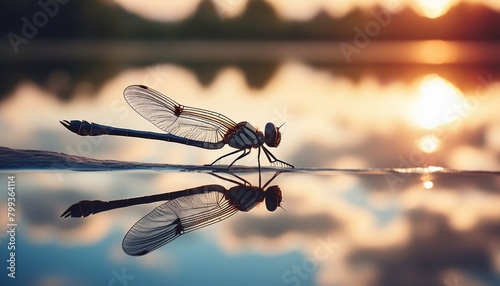 A dragonfly resting on the edge of a pond, with reflections of clouds in the water softly 