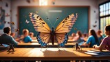 An anamorphic butterfly in front of a chalkboard, teaching a class of tiny insect students,