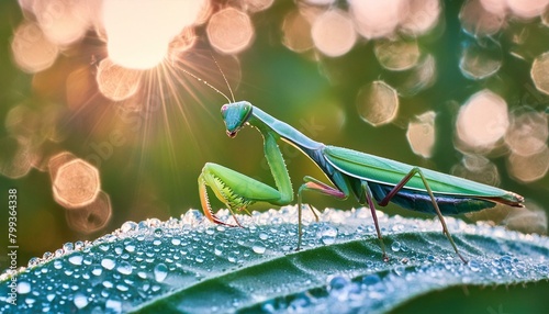 A vivid green praying mantis clinging to a dewy leaf, with a gently unfocused morning light  photo