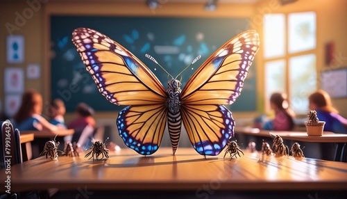  An anamorphic butterfly in front of a chalkboard, teaching a class of tiny insect students, photo