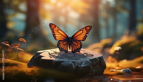  A velvet-winged butterfly perched on an ancient rune stone, with a dreamily