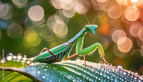 A vivid green praying mantis clinging to a dewy leaf, with a gently unfocused morning light 